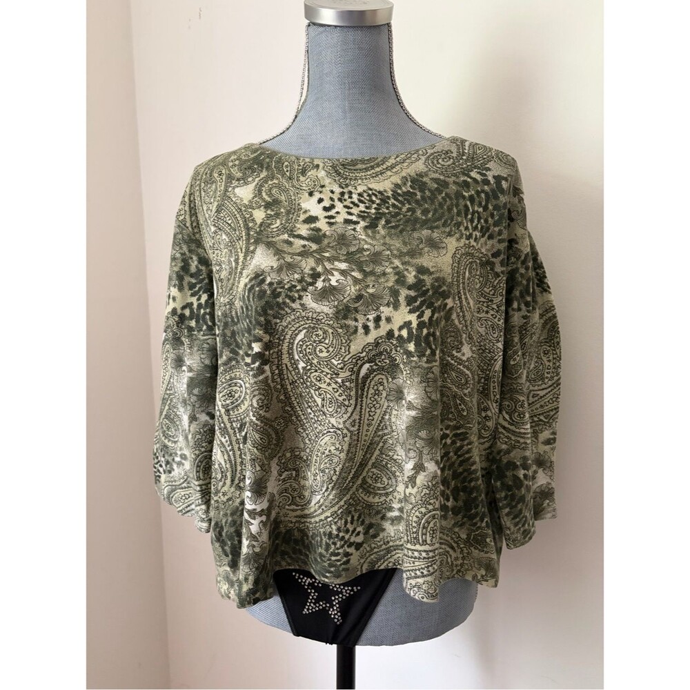Y2K Olive Green Cotton 3/4 Sleeve Leopard Paisley Grunge Top